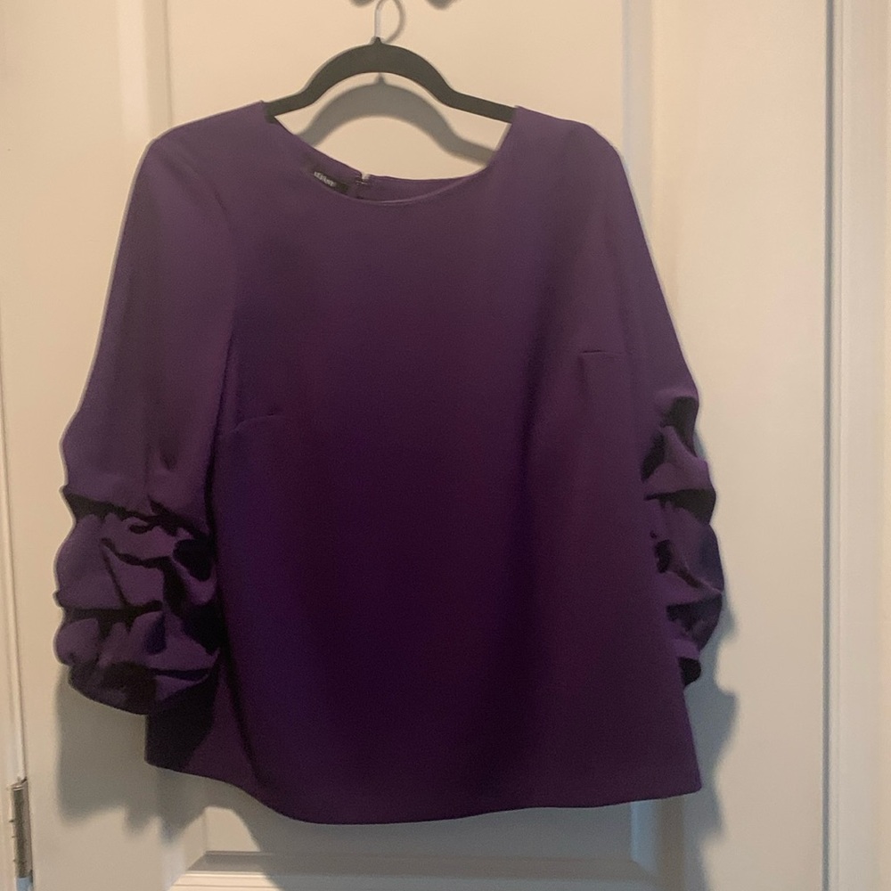 Brilliant purple top with back zipper and ruched sleeves